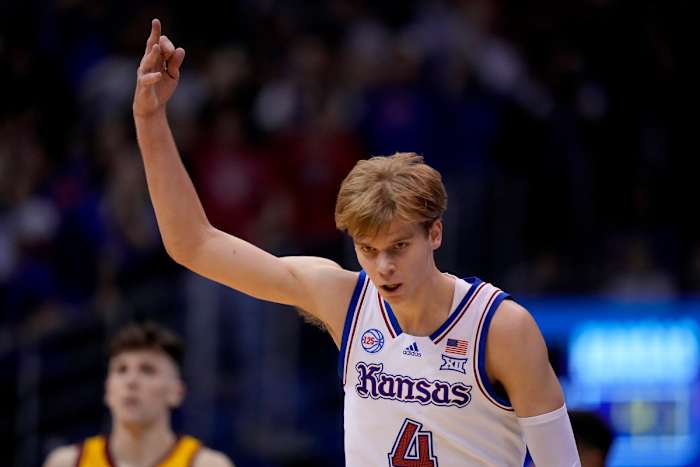 Kansas guard Gradey Dick celebrates after making a three-point shot during the second half of an NCAA college basketball game against Iowa State Saturday, Jan. 14, 2023, in Lawrence, Kan. Kansas won 62-60